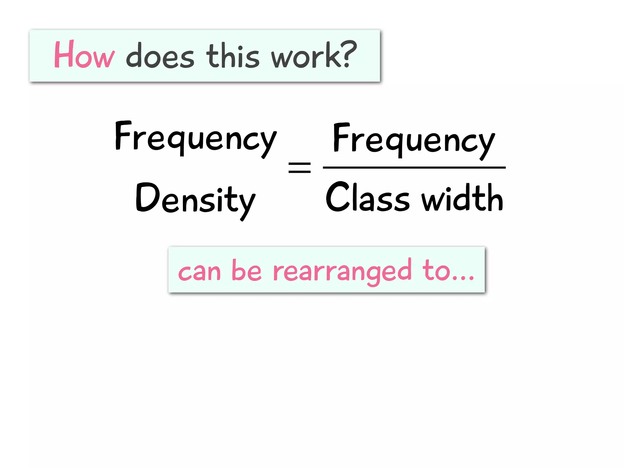 How does this work?
Frequency
Density
=
Frequency
Class width
can be rearranged to...
 