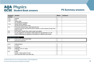 © Oxford University Press 2016 www.oxfordsecondary.co.uk/acknowledgements
This resource sheet may have been changed from the original. 1
P5 Summary answers
Student Book answers
Question
number
Answer Marks Guidance
1 a i neutral 1
1 a ii live 1
1 b i waves taller
as amplitude increases
1
1
1 b ii waves closer together
as time for each cycle is less
1
1
2 a if live wire touches case, case becomes live
anyone touching case electrocuted as electric current passes through their
body to earth
1
1
2 b live: brown, neutral: blue, earth: green and yellow 1
3 a so any appliance connected to wall socket can be switched on or off
without affecting any appliance connected to a different wall socket
1
1
GCSE Physics only
3 b if too much current fuse melts
and cuts current off
1
1
4 a i 2500 W/230 V
= 11 A
1
1
4 a ii 13 A fuse 1
4 a iii 2500 W × (6 × 5 × 28) s
= 2.1 MJ
1
1
4 b kettle,
power > twice power of oven
and used less than oven each day
1
1
1
 