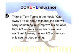 CORE - Endurance

Think of Tom Tanks in the movie “Cast
Away”; it’s all about faith that the tide will
carry something in to improve his situation.
High AQ workers know this down time
won’t last forever; the low AQ worker can
only see no good ending.
 