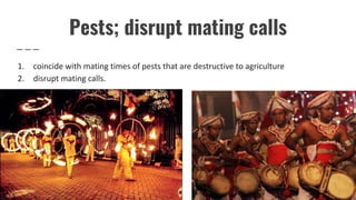 Pests; disrupt mating calls
1. coincide with mating times of pests that are destructive to agriculture
2. disrupt mating calls.
 