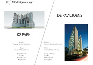 ARKdesignIndesign22
DE PAVILJOENS
Location :
Bandung, West Java, Indonesia
Status	 :
Concept & Master Planning
Design Architects :
Paul Tan
Melinda Mayella
Nanang Faizal
K2 PARK
Location:
Serpong, Tangerang, Indonesia
Status:
Concept & Master Planning
Design Architects:
Paul Tan
Felicia Gunawan
Novy Yulianty
 