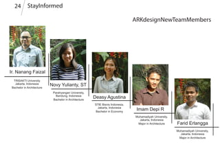 ARKdesignNewTeamMembers
Ir. Nanang Faizal
TRISAKTI University
Jakarta, Indonesia
Bachelor in Architecture
Novy Yulianty, ST
Farid Erlangga
Deasy Agustina
Muhamadiyah University,
Jakarta, Indonesia
Major in Architecture
STIE Bisnis Indonesia,
Jakarta, Indonesia
Bachelor in Economy
Parahyangan University,
Bandung, Indonesia
Bachelor in Architecture
Imam Depi R
Muhamadiyah University,
Jakarta, Indonesia
Major in Architecture
StayInformed24
 