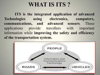 WHAT IS ITS ?
ITS is the integrated application of advanced
Technologies using electronics, computers,
communications, and advanced sensors. These
applications provide travellers with important
information while improving the safety and efficiency
of the transportation system.
 