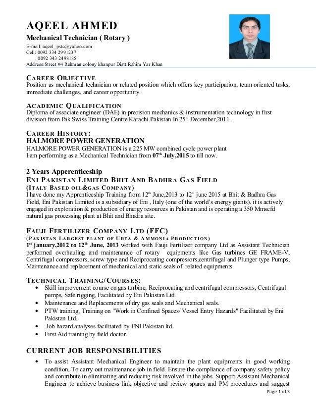 aqeel cv updated mechanical technician job description