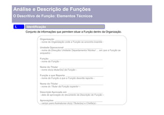 Análise e Descrição de Funções
O Descritivo de Função: Elementos Técnicos

 I.    Identificação
      Conjunto de informações que permitem situar a Função dentro da Organização.

                 Organização: ____________________________________
                 - nome da Organização onde a Função se encontra inserida -

                 Unidade Operacional: _____________________________
                 - nome da Direcção/ Unidade/ Departamento/ Núcleo/ em que a Função se
                 enquadra -

                 Função: _________________________________________
                 - nome da Função -

                 Nome do Titular: __________________________________
                 - nome do(s) titular(es) da Função -

                 Função a que Reporta: _____________________________
                 - nome da Função a que a Função descrita reporta

                 Nome do Titular: __________________________________
                 - nome do Titular da Função superior

                 Descrição Aprovada em: ___________________________
                 - data de aprovação do documento de Descrição de Função

                 Aprovações: _____________________________________
                 - campo para Assinaturas do(s) Titular(es) e Chefia(s) -
 