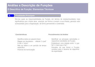 Análise e Descrição de Funções
O Descritivo de Função: Elementos Técnicos

 V.    Finalidades Principais
      Diz-nos quais as responsabilidades da Função, em termos de acções/resultados mais
      significativos que o titular deve alcançar, por forma a cumprir a sua missão, gerando valor
      acrescentado para a Organização, de forma permanente e sustentada.




       Características                              Procedimentos de Análise

         Identifica todos os outputs-chave               Identificar as principais actividades e
         Focus nos resultados - reflecte o quê           respectivos resultados da Função;
         e não o como                                    Estabelecer uma relação entre o que
         Não se refere a um período de tempo             faz e para que o faz ,
         específico                                      Perceber de que forma a Função
         Passível de mensuração                          contribui para o alcance de objectivos
                                                         da organização.
 