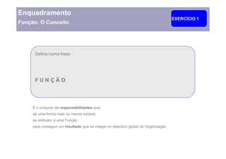 Enquadramento
                                                                                      EXERCÍCIO 1
Função: O Conceito




      Defina numa frase :




      FUNÇÃO




     É o conjunto de responsabilidades que,
     de uma forma mais ou menos estável,
     se atribuem a uma Função
     para conseguir um resultado que se integre no objectivo global da Organização.
 