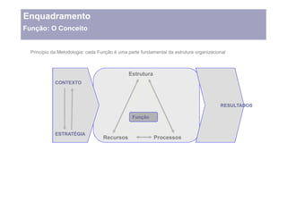 Enquadramento
Função: O Conceito


  Princípio da Metodologia: cada Função é uma parte fundamental da estrutura organizacional



                                              Estrutura
             CONTEXTO



                                                                                        RESULTADOS

                                                Função


             ESTRATÉGIA
                                   Recursos               Processos
 