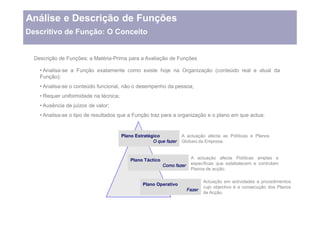 Análise e Descrição de Funções
Descritivo de Função: O Conceito


  Descrição de Funções: a Matéria-Prima para a Avaliação de Funções

     Analisa-se a Função exatamente como existe hoje na Organização (conteúdo real e atual da
    Função);
     Analisa-se o conteúdo funcional, não o desempenho da pessoa;
     Requer uniformidade na técnica;
     Ausência de juízos de valor;
     Analisa-se o tipo de resultados que a Função traz para a organização e o plano em que actua:


                                       Plano Estratégico           A actuação afecta as Políticas e Planos
                                                     O que fazer   Globais da Empresa.



                                           Plano Táctico                 A actuação afecta Políticas amplas e
                                                           Como fazer    específicas que estabelecem e controlam
                                                                         Planos de acção.

                                                                                Actuação em actividades e procedimentos
                                                Plano Operativo
                                                                                cujo objectivo é a consecução dos Planos
                                                                        Fazer
                                                                                de Acção.
 