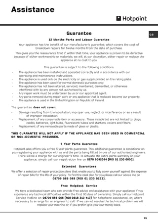 Assistance


                                            Guarantee                                                            GB
                               12 Months Parts and Labour Guarantee
       Your appliance has the benefit of our manufacturer’s guarantee, which covers the cost of
                   breakdown repairs for twelve months from the date of purchase.
     This gives you the reassurance that if, within that time, your appliance is proven to be defective
    because of either workmanship or materials, we will, at our discretion, either repair or replace the
                                      appliance at no cost to you.

                           This guarantee is subject to the following conditions:
-      The appliance has been installed and operated correctly and in accordance with our
       operating and maintenance instructions.
-      The appliance is used only on the electricity or gas supply printed on the rating plate.
-      The appliance has been used for normal domestic purposes only.
-      The appliance has not been altered, serviced, maintained, dismantled, or otherwise
       interfered with by any person not authorised by us.
-      Any repair work must be undertaken by us or our appointed agent.
-      Any parts removed during repair work or any appliance that is replaced become our property.
-      The appliance is used in the United Kingdom or Republic of Ireland.

The guarantee does not cover:
-      Damage resulting from transportation, improper use, neglect or interference or as a result
            of improper installation.
-      Replacement of any consumable item or accessory . These include but are not limited to: plugs,
            cables, batteries, light bulbs, fluorescent tubes and starters, covers and filters.
-      Replacement of any removable parts made of glass or plastic.

THIS GUARANTEE WILL NOT APPLY IF THE APPLIANCE HAS BEEN USED IN COMMERCIAL
OR NON-DOMESTIC PREMISES.

                                        5 Year Parts Guarantee
 Hotpoint also offers you a free 5 year parts guarantee. This additional guarantee is conditional on
you registering your appliance with us and the parts being fitted by one of our authorised engineers.
    There will be a charge for our engineer's time. To activate the extra parts warranty on your
         appliance, simply call our registration line on 0870 6092094 (ROI 01 230 0800).

                                         Extended     Guarantees
We offer a selection of repair protection plans that enable you to fully cover yourself against the expense
    of repair bills for the life of your policy. To find the ideal plan for you please call our advice line on
                                   08709 088 088 (ROI 01 230 0233).

                                        Free Helpdesk Service
     We have a dedicated team who can provide free advice and assistance with your appliance if you
    experience any technical difficulties within the first 90 days of ownership. Simply call our Hotpoint
     Service Hotline on 08709 066 066 (ROI 0818 313 413) for telephone assistance, or, where
     necessary, to arrange for an engineer to call. If we cannot resolve the technical problem we will
                     replace your machine or, if you prefer, give you your money back.



                                                                                                           15
 