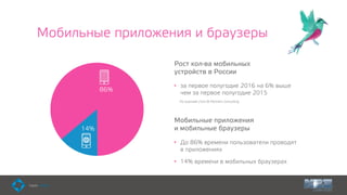 Мобильные приложения и браузеры
Рост кол-ва мобильных  
устройств в России
• за первое полугодие 2016 на 6% выше  
чем за первое полугодие 2015
По оценкам J’son & Partners Consulting
Мобильные приложения  
и мобильные браузеры
• До 86% времени пользователи проводят  
в приложениях
• 14% времени в мобильных браузерах
14%
86%
 