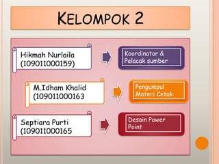 KELOMPOK 2

Hikmah Nurlaila     Koordinator &
                    Pelacak sumber
(109011000159)


   M.Idham Khalid      Pengumpul
   (109011000163       Materi Cetak



                     Desain Power
Septiara Purti
                     Point
(109011000165
 