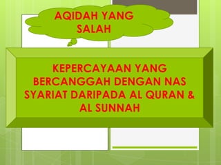 AQIDAH YANG
SALAH
KEPERCAYAAN YANG
BERCANGGAH DENGAN NAS
SYARIAT DARIPADA AL QURAN &
AL SUNNAH
 
