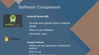 Android Studio IDE
 To write and upload code to android
studio
 Easy to use software
 Use basic Java
Google Firebase
 Mobile and web application development
platform
 Easy to use
Software Component
 