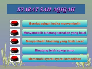 SYARAT SAH AQIQAHSYARAT SAH AQIQAH
Berniat aqiqah ketika menyembelih
Memenuhi syarat-syarat sembelihan
Binatang telah cukup umur
Menyembelih binatang yang tidak cacat
Menyembelih binatang ternakan yang halal
 