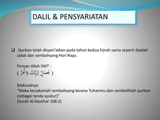  Qurban telah disyari’atkan pada tahun kedua hijrah sama seperti ibadah
zakat dan sembahyang Hari Raya.
Firman Allah SWT :
( ِّ‫ل‬َ‫ص‬َ‫ف‬َ‫ك‬ِّ‫ب‬َ‫ر‬ِّ‫ل‬‫ح‬‫ر‬َ‫ح‬‫اْن‬َ‫و‬ )
Maksudnya:
“Maka kerjakanlah sembahyang kerana Tuhanmu dan sembelihlah qurban
(sebagai tanda syukur)”
(Surah Al-Kauthar 108:2)
DALIL & PENSYARIATAN
 