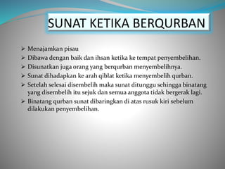 SUNAT KETIKA BERQURBAN
 Menajamkan pisau
 Dibawa dengan baik dan ihsan ketika ke tempat penyembelihan.
 Disunatkan juga orang yang berqurban menyembelihnya.
 Sunat dihadapkan ke arah qiblat ketika menyembelih qurban.
 Setelah selesai disembelih maka sunat ditunggu sehingga binatang
yang disembelih itu sejuk dan semua anggota tidak bergerak lagi.
 Binatang qurban sunat dibaringkan di atas rusuk kiri sebelum
dilakukan penyembelihan.
 