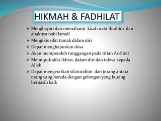 HIKMAH & FADHILAT
 Menghayati dan memahami kisah nabi Ibrahim dan
anaknya nabi Ismail
 Mengikis sifat tamak dalam diri
 Dapat menghapuskan dosa
 Akan memperoleh tunggangan pada titian As-Sirat
 Memupuk sifat ikhlas dalam diri dan takwa kepada
Allah
 Dapat mengeratkan silaturahim dan jurang antara
orang yang berada dengan golongan yang kurang
bernasib baik
 