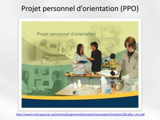 Projet personnel d’orientation (PPO)
http://www1.mels.gouv.qc.ca/sections/programmeFormation/secondaire2/medias/10b-pfeq_pro.pdf
 