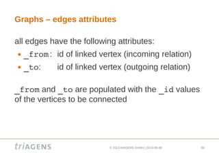 © 2013 triAGENS GmbH | 2013-06-06 66
Graphs – edges attributes
all edges have the following attributes:
 _from: id of linked vertex (incoming relation)
 _to: id of linked vertex (outgoing relation)
_from and _to are populated with the _id values
of the vertices to be connected
 