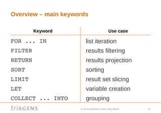 © 2013 triAGENS GmbH | 2013-06-06 75
Overview – main keywords
FOR ... IN 
FILTER
RETURN
SORT
LIMIT
LET
COLLECT ... INTO
list iteration
results filtering
results projection
sorting
result set slicing
variable creation
grouping
Keyword Use case
 