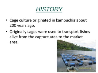 HISTORY
• Cage culture originated in kampuchia about
200 years ago.
• Originally cages were used to transport fishes
alive from the capture area to the market
area.
 