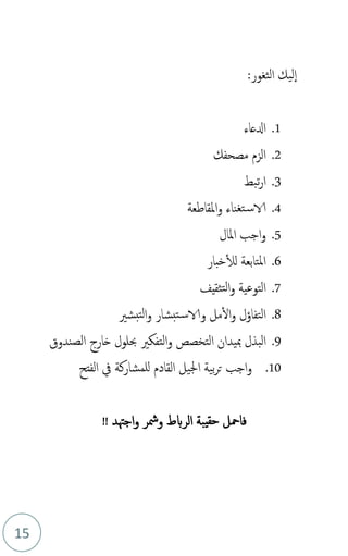 15
:‫الثغور‬ ‫ليك‬‫ا‬
1
.
‫ادلعاء‬
2
.
‫مصحفك‬ ‫الزم‬
3
.
‫تبط‬‫ر‬‫ا‬
4
.
‫و‬ ‫تغناء‬‫س‬‫الا‬
‫املقاطعة‬
5
.
‫املال‬ ‫اجب‬‫و‬
6
.
‫خبار‬‫لل‬ ‫املتابعة‬
7
.
‫تثقيف‬‫ل‬‫ا‬‫و‬ ‫التوعية‬
8
.
‫مل‬‫ال‬‫و‬ ‫التفاؤل‬
‫و‬
‫الا‬
‫و‬ ‫تبشار‬‫س‬
‫ل‬‫ا‬
‫تبشري‬
9
.
‫البذل‬
‫مب‬
‫يدان‬
‫التخصص‬
‫و‬
‫الصندوق‬ ‫خارج‬ ‫حبلول‬ ‫التفكري‬
10
.
‫الفتح‬ ‫يف‬ ‫للمشاركة‬ ‫القادم‬ ‫اجليل‬ ‫بية‬‫ر‬‫ت‬ ‫اجب‬‫و‬
‫الربط‬ ‫يبة‬‫حق‬ ‫فامحل‬
‫ومشر‬
‫اجهتد‬‫و‬
!!
 