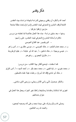 57
‫تقدير‬‫و‬ ‫شكر‬
‫دراس‬ ‫بشهادة‬ ‫للدراسة‬ ‫ووجهني‬ ‫وفقني‬ ‫أن‬ ‫وأشكره‬ ‫هللا‬ ‫أحمد‬
‫ا‬
‫المقدس‬ ‫بيت‬ ‫ت‬
‫ل‬ ‫التابعة‬
‫ا‬ ‫وقف‬
‫المعرفي‬ ‫لمشروع‬
‫المقدس‬ ‫لبيت‬
‫م‬ ‫وتحت‬ )‫(إسراء‬
‫ظ‬
‫جامعة‬ ‫لة‬
‫ماردين‬
‫ارت‬
‫قلوا‬
‫بتركيا‬
..
‫ومنها‬
–
‫دراسة‬ ‫سنتين‬ ‫بعد‬
-
‫جاء‬
‫هذا‬
‫دروس‬ ‫من‬ ‫تعلمته‬ ‫لما‬ ‫خالصة‬ ‫العمل‬
‫رأسهم‬ ‫على‬ ،‫المقدس‬ ‫لبيت‬ ‫المعرفي‬ ‫المشروع‬ ‫وأساتذة‬ ‫دكاترة‬
:
-
‫ال‬
‫العويسي‬ ‫الفتاح‬ ‫عبد‬ ‫بروفيسور‬
‫و‬
:
.‫د‬
‫محمد‬
‫الملحم‬ ‫همام‬
-
‫العويسي‬ ‫خالد‬ .‫د‬
-
.‫د‬
‫عكاري‬ ‫موسى‬
–
‫زاهر‬ ‫أنس‬ .‫د‬
-
‫بريجية‬ ‫عيسى‬ .‫د‬
-
‫شاهين‬ ‫خالد‬ .‫د‬
-
‫عايشة‬ ‫أبو‬ ‫هللا‬ ‫عبد‬ .‫أ‬
-
.‫د‬
‫الرطروط‬ ‫هيثم‬
–
‫الجعبري‬ ‫طارق‬ .‫د‬
.‫وغيرهم‬ ..
‫كما‬
‫استفدت‬
-
‫الكتاب‬ ‫بهذا‬ ‫أفكار‬ ‫لوضع‬
-
:‫دروس‬ ‫من‬
‫خيري‬ ‫محمد‬ .‫د‬
-
.‫د‬
‫قنيبي‬ ‫إياد‬
-
‫بكر‬ ‫سعيد‬ ‫محمد‬ .‫د‬
-
.‫د‬
‫السيد‬ ‫أحمد‬
–
.‫أ‬
‫أنس‬
‫ّم‬‫ي‬‫اكر‬
.‫د‬
)‫أسره‬ ‫هللا‬ ‫(فك‬ ‫شادي‬ ‫أبو‬ ‫خالد‬
-
‫و‬
‫فلسطين‬ ‫علماء‬ ‫هيئة‬ ‫علماء‬
.
‫والشكر‬
‫موصول‬
‫وأمي‬ ‫ألبي‬
‫ال‬
‫ل‬
‫ذ‬
‫ان‬
‫رب‬
‫ي‬
‫اني‬
،
‫ساندني‬ ‫الذي‬ ‫وزوجي‬
..
‫هللا‬ ‫فجزى‬
‫و‬ ‫أساتذتنا‬
‫علماءنا‬
‫ومشايخنا‬
‫وأهلنا‬
‫خير‬
‫هذا‬ ‫وجعل‬ ‫الجزاء‬
‫في‬ ‫العمل‬
.‫حسناتهم‬ ‫ميزان‬
،‫أجمعين‬ ‫وصحبه‬ ‫آله‬ ‫وعلى‬ ‫محمد‬ ‫سيدنا‬ ‫على‬ ‫وبارك‬ ‫م‬ّ‫ل‬‫وس‬ ‫هللا‬ ‫وصلى‬
‫العالمين‬ ‫رب‬ ‫هلل‬ ‫والحمد‬
.
 