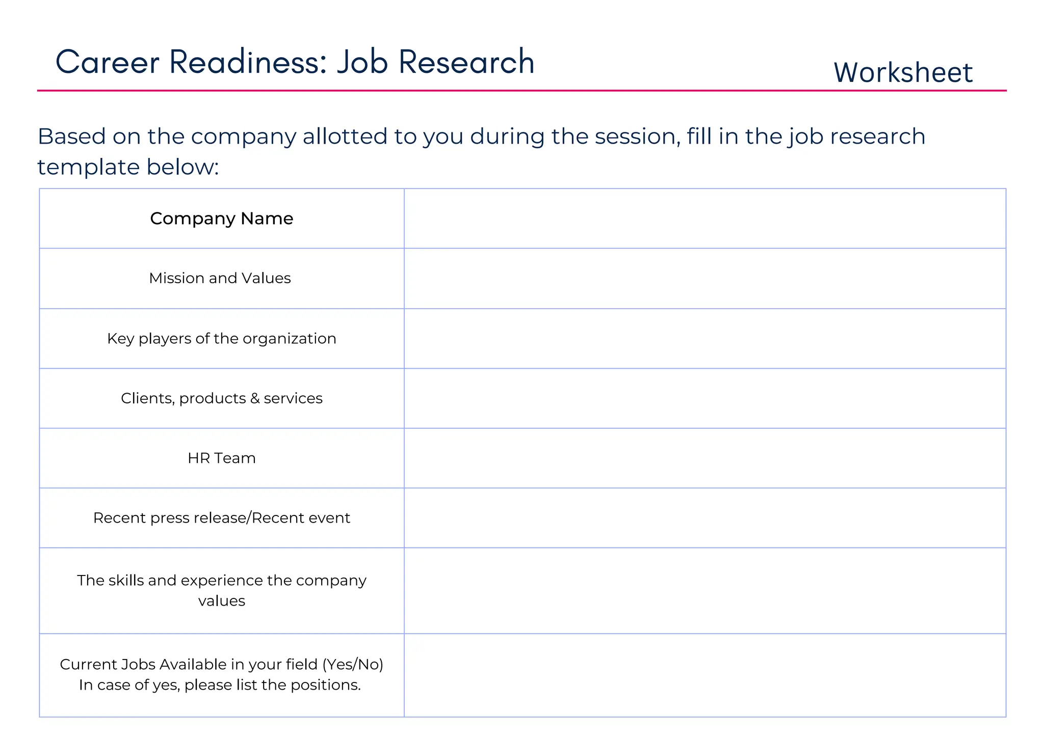 Company Name
Mission and Values
Key players of the organization
Clients, products & services
HR Team
Recent press release/Recent event
The skills and experience the company
values
Current Jobs Available in your field (Yes/No)
In case of yes, please list the positions.
Career Readiness: Job Research Worksheet
Based on the company allotted to you during the session, fill in the job research
template below:
 