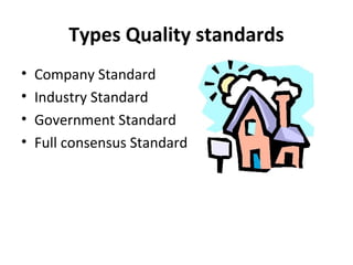 Types Quality standards 
• Company Standard 
• Industry Standard 
• Government Standard 
• Full consensus Standard 
 