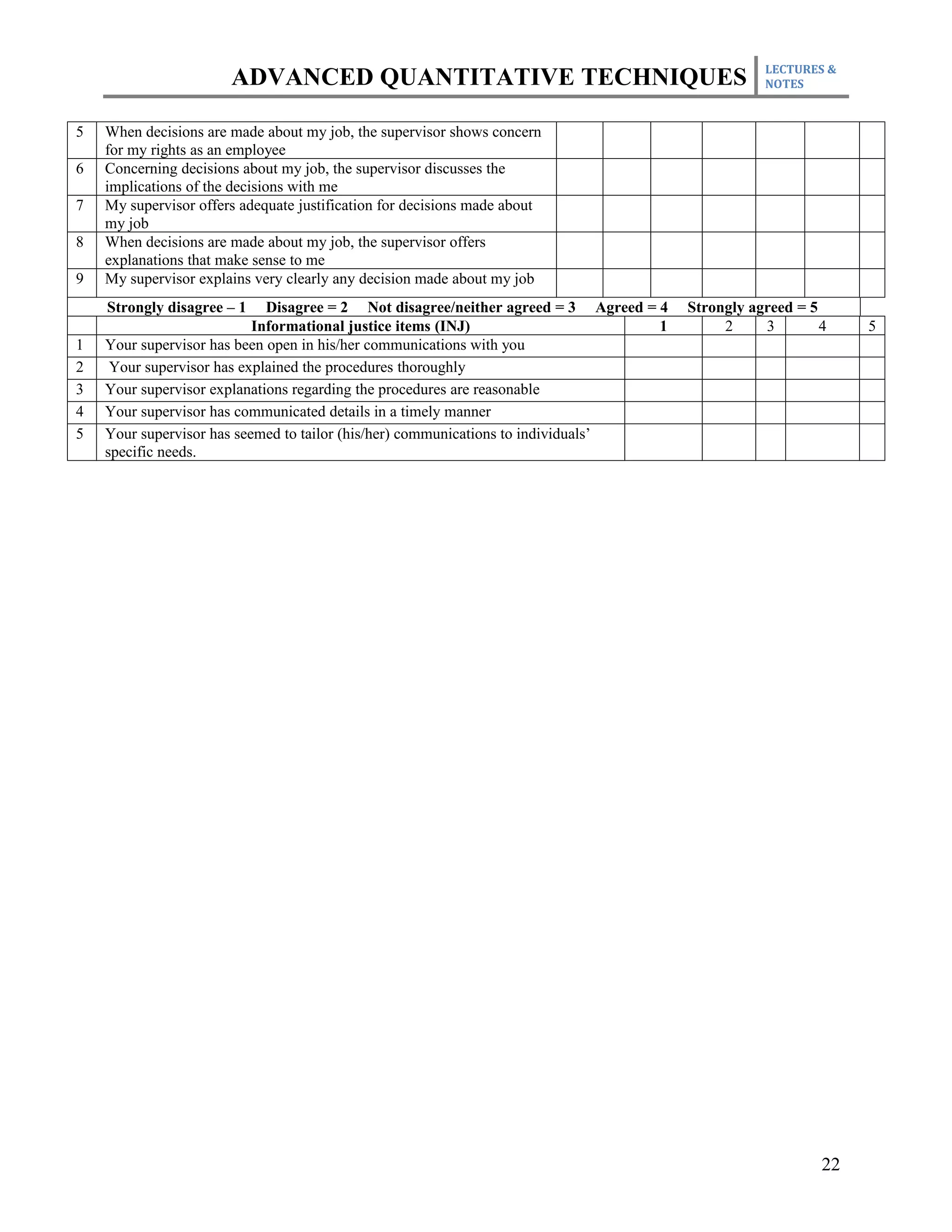 LECTURES &
                       ADVANCED QUANTITATIVE TECHNIQUES                                           NOTES


5   When decisions are made about my job, the supervisor shows concern
    for my rights as an employee
6   Concerning decisions about my job, the supervisor discusses the
    implications of the decisions with me
7   My supervisor offers adequate justification for decisions made about
    my job
8   When decisions are made about my job, the supervisor offers
    explanations that make sense to me
9   My supervisor explains very clearly any decision made about my job
    Strongly disagree – 1    Disagree = 2 Not disagree/neither agreed = 3 Agreed = 4   Strongly agreed = 5
                           Informational justice items (INJ)                       1        2     3        4    5
1   Your supervisor has been open in his/her communications with you
2    Your supervisor has explained the procedures thoroughly
3   Your supervisor explanations regarding the procedures are reasonable
4   Your supervisor has communicated details in a timely manner
5   Your supervisor has seemed to tailor (his/her) communications to individuals’
    specific needs.




                                                                                                           22
 