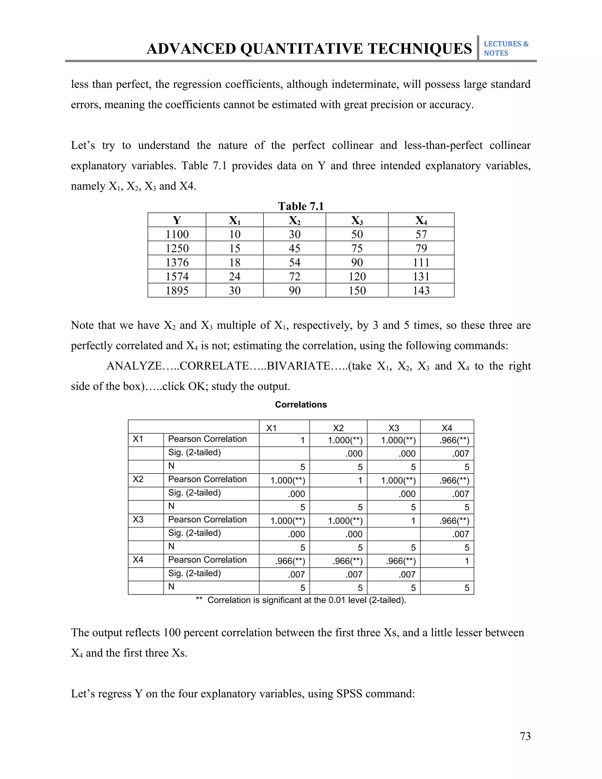LECTURES &
                  ADVANCED QUANTITATIVE TECHNIQUES                                                        NOTES



less than perfect, the regression coefficients, although indeterminate, will possess large standard
errors, meaning the coefficients cannot be estimated with great precision or accuracy.


Let’s try to understand the nature of the perfect collinear and less-than-perfect collinear
explanatory variables. Table 7.1 provides data on Y and three intended explanatory variables,
namely X1, X2, X3 and X4.
                                                     Table 7.1
                     Y                 X1              X2              X3                X4
                    1100               10              30               50                57
                    1250               15              45               75                79
                    1376               18              54               90               111
                    1574               24              72              120               131
                    1895               30              90              150               143

Note that we have X2 and X3 multiple of X1, respectively, by 3 and 5 times, so these three are
perfectly correlated and X4 is not; estimating the correlation, using the following commands:
       ANALYZE…..CORRELATE…..BIVARIATE…..(take X1, X2, X3 and X4 to the right
side of the box)…..click OK; study the output.
                                                  Correlations

                                                X1                X2              X3            X4
             X1      Pearson Correlation                 1       1.000(**)      1.000(**)      .966(**)
                     Sig. (2-tailed)                                  .000           .000         .007
                     N                                   5               5              5            5
             X2      Pearson Correlation         1.000(**)               1      1.000(**)      .966(**)
                     Sig. (2-tailed)                  .000                           .000         .007
                     N                                   5               5              5            5
             X3      Pearson Correlation         1.000(**)       1.000(**)              1      .966(**)
                     Sig. (2-tailed)                  .000            .000                        .007
                     N                                   5               5              5            5
             X4      Pearson Correlation          .966(**)        .966(**)       .966(**)            1
                     Sig. (2-tailed)                  .007            .007           .007
                     N                                   5                5              5           5
                             ** Correlation is significant at the 0.01 level (2-tailed).


The output reflects 100 percent correlation between the first three Xs, and a little lesser between
X4 and the first three Xs.


Let’s regress Y on the four explanatory variables, using SPSS command:


                                                                                                                 73
 