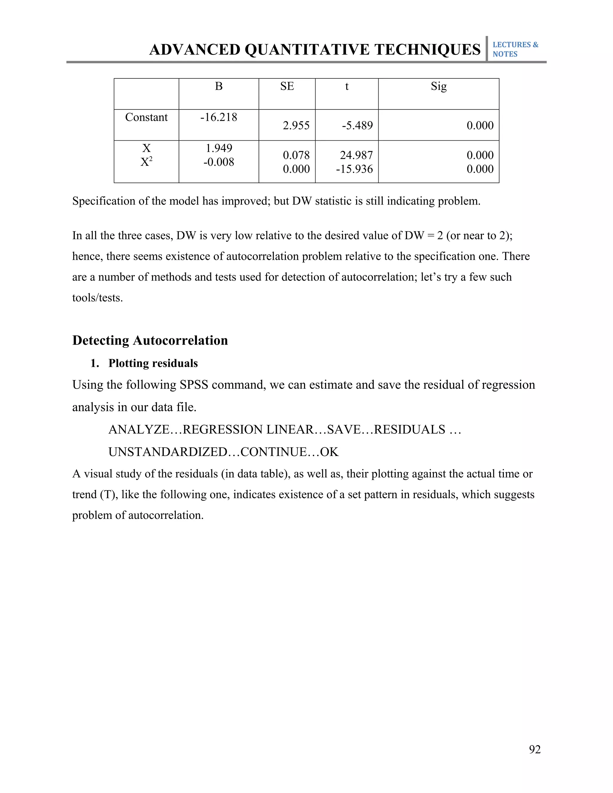 LECTURES &
                   ADVANCED QUANTITATIVE TECHNIQUES                                          NOTES



                               Β              SE            t                  Sig

               Constant      -16.218
                                              2.955        -5.489                      0.000
                 X            1.949
                                              0.078        24.987                      0.000
                 X2          -0.008
                                              0.000       -15.936                      0.000

Specification of the model has improved; but DW statistic is still indicating problem.

In all the three cases, DW is very low relative to the desired value of DW = 2 (or near to 2);
hence, there seems existence of autocorrelation problem relative to the specification one. There
are a number of methods and tests used for detection of autocorrelation; let’s try a few such
tools/tests.


Detecting Autocorrelation
    1. Plotting residuals
Using the following SPSS command, we can estimate and save the residual of regression
analysis in our data file.
        ANALYZE…REGRESSION LINEAR…SAVE…RESIDUALS …
        UNSTANDARDIZED…CONTINUE…OK
A visual study of the residuals (in data table), as well as, their plotting against the actual time or
trend (T), like the following one, indicates existence of a set pattern in residuals, which suggests
problem of autocorrelation.




                                                                                                     92
 