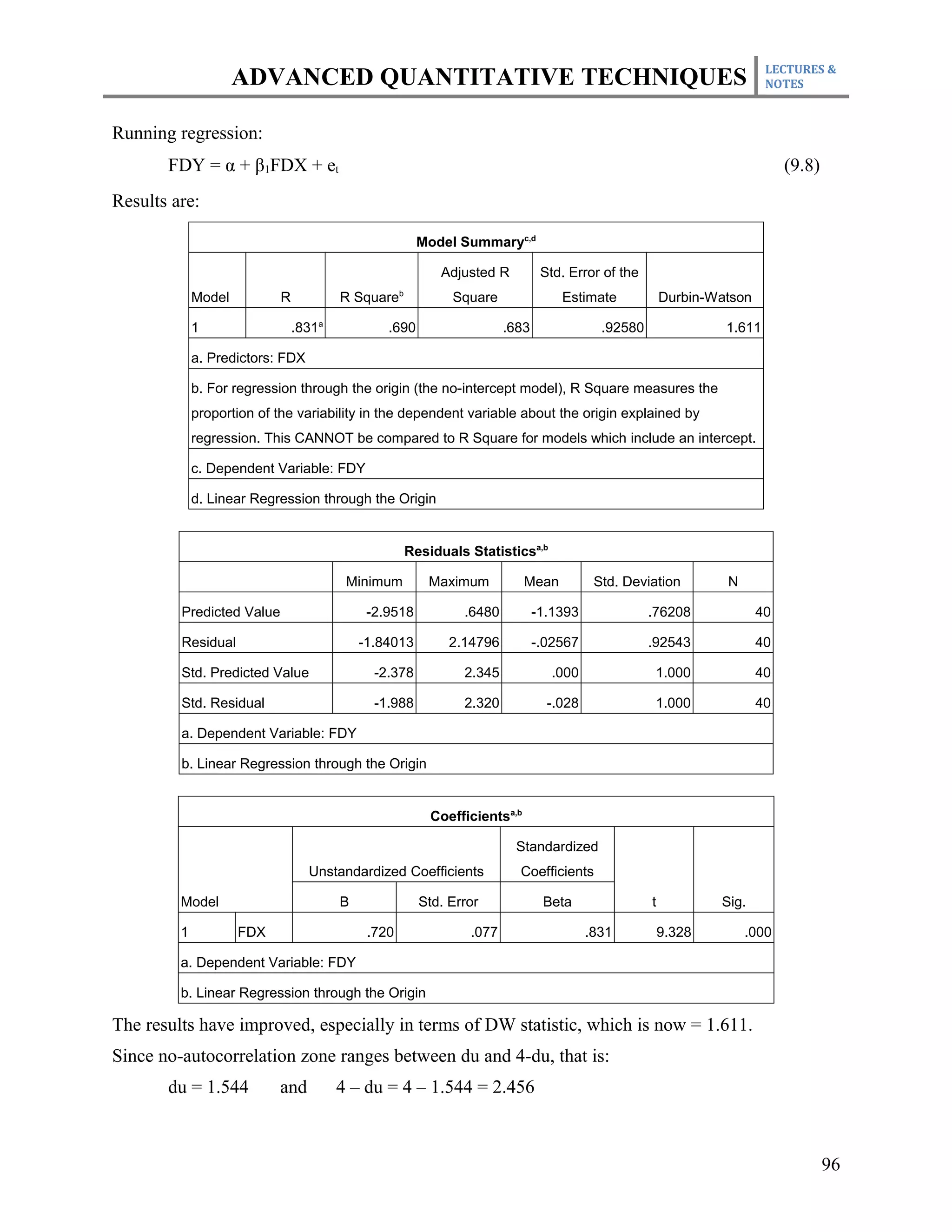 LECTURES &
                     ADVANCED QUANTITATIVE TECHNIQUES                                                                    NOTES



Running regression:
       FDY = α + β1FDX + et                                                                                                  (9.8)
Results are:

                                                        Model Summaryc,d

                                                            Adjusted R          Std. Error of the
                                                   b
             Model         R           R Square               Square                Estimate            Durbin-Watson

             1                 .831a           .690                     .683               .92580                1.611

             a. Predictors: FDX

             b. For regression through the origin (the no-intercept model), R Square measures the
             proportion of the variability in the dependent variable about the origin explained by
             regression. This CANNOT be compared to R Square for models which include an intercept.

             c. Dependent Variable: FDY

             d. Linear Regression through the Origin


                                                       Residuals Statisticsa,b

                                        Minimum           Maximum            Mean         Std. Deviation         N

         Predicted Value                    -2.9518             .6480          -1.1393              .76208              40

         Residual                          -1.84013           2.14796          -.02567              .92543              40

         Std. Predicted Value                -2.378             2.345            .000                1.000              40

         Std. Residual                       -1.988             2.320            -.028               1.000              40

         a. Dependent Variable: FDY

         b. Linear Regression through the Origin


                                                           Coefficientsa,b

                                                                         Standardized
                                  Unstandardized Coefficients             Coefficients

         Model                         B                 Std. Error             Beta                t           Sig.

         1           FDX                    .720                 .077                    .831           9.328        .000

         a. Dependent Variable: FDY

         b. Linear Regression through the Origin

The results have improved, especially in terms of DW statistic, which is now = 1.611.
Since no-autocorrelation zone ranges between du and 4-du, that is:
       du = 1.544          and         4 – du = 4 – 1.544 = 2.456



                                                                                                                                     96
 