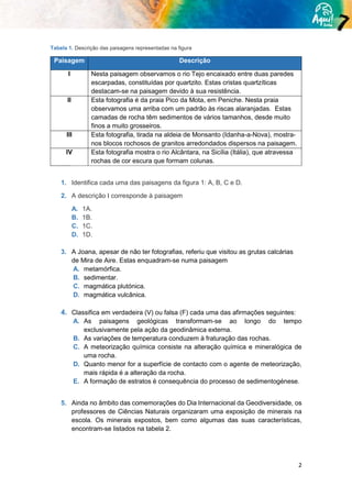 2
Tabela 1. Descrição das paisagens representadas na figura
Paisagem Descrição
I Nesta paisagem observamos o rio Tejo encaixado entre duas paredes
escarpadas, constituídas por quartzito. Estas cristas quartzíticas
destacam-se na paisagem devido à sua resistência.
II Esta fotografia é da praia Pico da Mota, em Peniche. Nesta praia
observamos uma arriba com um padrão às riscas alaranjadas. Estas
camadas de rocha têm sedimentos de vários tamanhos, desde muito
finos a muito grosseiros.
III Esta fotografia, tirada na aldeia de Monsanto (Idanha-a-Nova), mostra-
nos blocos rochosos de granitos arredondados dispersos na paisagem.
IV Esta fotografia mostra o rio Alcântara, na Sicília (Itália), que atravessa
rochas de cor escura que formam colunas.
1. Identifica cada uma das paisagens da figura 1: A, B, C e D.
2. A descrição I corresponde à paisagem
A. 1A.
B. 1B.
C. 1C.
D. 1D.
3. A Joana, apesar de não ter fotografias, referiu que visitou as grutas calcárias
de Mira de Aire. Estas enquadram-se numa paisagem
A. metamórfica.
B. sedimentar.
C. magmática plutónica.
D. magmática vulcânica.
4. Classifica em verdadeira (V) ou falsa (F) cada uma das afirmações seguintes:
A. As paisagens geológicas transformam-se ao longo do tempo
exclusivamente pela ação da geodinâmica externa.
B. As variações de temperatura conduzem à fraturação das rochas.
C. A meteorização química consiste na alteração química e mineralógica de
uma rocha.
D. Quanto menor for a superfície de contacto com o agente de meteorização,
mais rápida é a alteração da rocha.
E. A formação de estratos é consequência do processo de sedimentogénese.
5. Ainda no âmbito das comemorações do Dia Internacional da Geodiversidade, os
professores de Ciências Naturais organizaram uma exposição de minerais na
escola. Os minerais expostos, bem como algumas das suas características,
encontram-se listados na tabela 2.
 