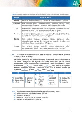 3
Tabela 2. Minerais utilizados na exposição das comemorações do Dia Internacional da Geodiversidade.
Mineral Características
Azurite Cor azul; brilho vítreo; dureza 3,5; relação massa/volume 3,77 g/cm3
.
Estaurolite Cor variável (azul, vermelho-escuro, castanho-escuro); brilho
resinoso/vítreo; dureza 7-7,5; relação massa/volume 3,60 g/cm3
.
Ouro Cor amarela; mineral metálico; não se fragmenta segundo superfícies
regulares; dureza 2,5-3; relação massa/volume 19,3g/cm3
.
Topázio Cor variável (laranja, vermelho, azul, verde, branco…); brilho vítreo;
dureza 8; relação massa/volume 3,60 g/cm3
.
Calcite Cor variável (branco, amarelo, incolor, laranja…); brilho
nacarado/vítreo; dureza 3; fragmenta-se segundo direções bem
definidas; relação massa/volume 2,71 g/cm3
.
Gesso Cor variável (branco, amarelo, incolor, castanho…); brilho
nacarado/vítreo; dureza 1,5-2; relação massa/volume 2,31 g/cm3
.
5.1. Completa o texto seguinte com a opção adequada a cada espaço. A cada letra
corresponde um só número.
Depois da observação dos minerais expostos e da análise dos dados da tabela 2,
os alunos conseguiram tirar algumas conclusões. Verificaram que os minerais
apresentados tinham cores distintas. Relativamente a esta característica, a azurite
é um mineral ____a)____. A calcite possui ___ b)____, uma vez que se fragmenta
segundo superfícies regulares. Concluíram que o ouro é o único mineral que
apresenta ___c)___ , possui ___d)___ e risca ___e)___.
a) b) c) d) e)
1) alocromático
2) idiocromático
3) natural
1) clivagem
2) fratura
3) traço
1) cor
constante
2) brilho não
metálico
3) brilho
metálico
1) maior
densidade
2) menor
dureza
3) clivagem
1) a estaurolite
2) o gesso
3) a azurite
5.2. Os minerais representados na tabela caracterizam-se por serem
A. sólidos, com uma estrutura cristalina definida.
B. naturais e orgânicos.
C. orgânicos, com composição química específica.
D. inorgânicos, sem estrutura cristalina.
 