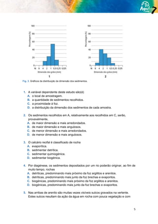 5
Fig. 3. Gráficos da distribuição da dimensão dos sedimentos.
1. A variável dependente deste estudo são(é)
A. o local de amostragem.
B. a quantidade de sedimentos recolhidos.
C. a proximidade à foz.
D. a distribuição da dimensão dos sedimentos de cada amostra.
2. Os sedimentos recolhidos em A, relativamente aos recolhidos em C, serão,
provavelmente,
A. de maior dimensão e mais arredondados.
B. de maior dimensão e mais angulosos.
C. de menor dimensão e mais arredondados.
D. de menor dimensão e mais angulosos.
3. O calcário recifal é classificado de rocha
A. evaporítica.
B. sedimentar detrítica.
C. sedimentar quimiogénica.
D. sedimentar biogénica.
4. Por diagénese, os sedimentos depositados por um rio poderão originar, ao fim de
muito tempo, rochas
A. detríticas, predominando mais próximo da foz argilitos e arenitos.
B. detríticas, predominando mais junto da foz brechas e evaporitos.
C. biogénicas, predominando mais próximo da foz argilitos e arenitos.
D. biogénicas, predominando mais junto da foz brechas e evaporitos.
5. Nas arribas de arenito são muitas vezes visíveis sulcos gravados na vertente.
Estes sulcos resultam da ação da água em rocha com pouca vegetação e com
 