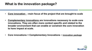What is the innovation package?
• Core innovation - main focus of the project that are brought to scale
• Complementary innovations are innovations necessary to scale core
innovations. They are often more context specific and related to the
broader environment that can enable or constrain the core innovation
to have impact at scale.
• Core innovations + Complementary Innovations = innovation package
 