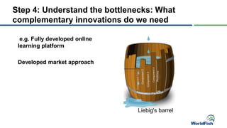 Step 4: Understand the bottlenecks: What
complementary innovations do we need
e.g. Fully developed online
learning platform
Developed market approach
Liebig's barrel
 