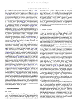 Author's personal copy

                                                 P.C. Pessoa et al. / Aquatic Toxicology 105 (2011) 312–320                                       313


LC50 to different freshwater ﬁsh vary from 88 to 1990 g/L (USEPA,                26 (initial juvenile) according to (Fujimura and Okada, 2007). Fish
2004), whereas crustaceans and insects are among the most sensi-                 were transported to the Ecotoxicology Laboratory at Universidade
tive organisms, with 96 h LC50 s varying from 1.6 to 500 g/L (Dutra              Federal de Pernambuco (UFPE) in plastic containers, and were kept
et al., 2009). Environmental agencies in the state of Pernambuco                 in 70 L tanks until experiments begun. Water was renewed daily at a
do not monitor organic contaminants in water bodies, and there                   rate of 100%, after passing through 5 and 1 m pressure ﬁlters. Tem-
is no information available on carbofuran concentrations in water.               perature was kept at 25.5 ± 0.5 ◦ C, pH was 7.5 ± 0.5, total hardness
It has been shown that carbofuran concentration in irrigated rice                was 100 mg CaCO3 L−1 and oxygen was 6 ± 0.5 mg L−1 . Fish were
ﬁelds in the southeast of Brazil can reach maximum concentrations                fed 45% protein commercial ﬁsh food (Alcon Artemia, Camboriu,
of 233 g/L in laminar water (Plese, 2005). Additionally, carbofu-                Brazil), and total ammonia, nitrite and nitrate were undetectable.
ran concentrations of 26 g/L and 264 g/L have been detected                      Experiments have been carried out in accordance with The Code of
in a headwater stream, and in agricultural ﬁeld drains that ﬂow                  Ethics of the World Medical Association (Declaration of Helsinki)
to this headwater stream in UK, respectively (Matthiessen et al.,                for animal experiments.
1995). Estimated environmental concentrations of carbofuran in
surface water for selected use patterns in the United States have
been modeled and vary from 5.2 to 36 g/L using maximum rates of                  2.2. Exposure procedures
application (USEPA, 2006). Adverse sublethal effects can result from
exposure to these concentrations of carbofuran. Goldﬁsh exposed                      A stock solution of carbofuran at 8.75 g/L was prepared by adding
to carbofuran concentrations as low as 1 g/L showed reduced                      2.5 mL of the commercial form of carbofuran as 350 g/L Furadan
attraction to a chironomid extract (Saglio et al., 1996), and when               350-SC (FMC Corporation, Philadelphia, USA) into a 100 mL volu-
the same species was exposed to 5 g/L, signiﬁcant alterations in                 metric ﬂask completed with distilled water. Different volumes of
sheltering and burst swimming were found (Bretaud et al., 2002). In              this stock solution were added daily into mixing aquariums with
another study, the amplitude of the electro-olfactogram of paciﬁc                20 L of clean water to create nominal exposure concentrations of
salmon (Oncorhynchus sp.) exposed to 10.4 g/L carbofuran was                     10, 50, 100, 200, 300 and 400 g/L carbofuran plus a control group.
reduced (Jarrard et al., 2004).                                                  After homogenization of stock solutions added into aquariums with
    Low concentrations of organophosphates and carbamates can                    20 L volume, water ﬂowed by gravity into exposure aquariums with
inhibit acetylcholinesterase, leading to accumulation of the neu-                15 L of water, providing a daily renewal rate of 133% for all treat-
rotransmitter acetylcholine in the synaptic gap of cholinergic                   ments, including the control.
synapses and neuromuscular junctions, effect that has become a                       A second stock solution was prepared from the dissolution of
classic biomarker of exposure to these chemicals (Sturm et al.,                  2.5 g of carbofuran 98% pure (Sigma–Aldrich, St. Louis, USA) into
1999). Acetylcholinesterase inhibition has been used as an indi-                 100 mL of reagent grade ethanol in a volumetric ﬂask. Different vol-
cator of potential ﬁsh exposure to these agrochemicals in Brazil                 umes of this stock solution were added daily into mixing aquariums
(Oliveira et al., 2007). However, information regarding whether this             with 20 L to create exposure concentrations of 10, 100, 200, 300,
biomarker of exposure might be used to ultimately predict more                   400 and 500 g carbofuran L−1 plus a control and a solvent control
ecologically relevant endpoints related to this exposure are lacking.            group. This solution was used only for mortality experiments.
As pointed out by Scholz and Hopkins (2006), there are important                     Samples of water from these treatments were analyzed by liquid
data gaps that need to be addressed before these predictions can be              chromatography for carbofuran after extraction of 1 L with methy-
made, and these include an understanding of sublethal effects that               lene chloride, and the extract was dried and concentrated to a
can be linked to deﬁcits in individual ﬁtness. Acetylcholinesterase              volume of 10 mL. The extract was cleaned up on a C-18 cartridge,
inhibition in ﬁsh sublethaly exposed to these agrochemicals has                  ﬁltered, and eluted on a C-18 analytical column with a mobile
been related to several measures of behavioral toxicity, includ-                 phase of 50% acetonitrile in water at a ﬂow rate of 2.0 mL/min,
ing neuromotor effects on swimming activity (Brewer et al., 2001;                with a retention time of 3.5 min and ultra-violet (UV) detection
Little and Finger, 1990), effects on speciﬁc sensorial systems such as           at 280 nm, according to (USEPA, 2010). Method detection limit
vision (Dutta et al., 1992) and smell (Tierney et al., 2008), as well as         was 3.2 g carbofuran L−1 . Chemical analysis results indicated that
behavioral measures encompassing more complex situations like                    measured water concentrations were below nominal concentra-
predator–prey interactions (Scholz et al., 2000). Proper functioning             tions by a factor varying from 5% to 30%, and measured carbofuran
of swimming skills and sensorial systems is essential for success-               concentrations were subsequently used in all graphs and analysis.
ful detection, attack and capture of prey, as well as for predator                   The effect of carbofuran concentrations prepared from 98% car-
evasion (Fuiman et al., 2006). The joint assessment of traditional               bofuran (Sigma–Aldrich, St. Louis, USA) and prepared from the
biomarkers like cholinesterase inhibition with more ecologically                 commercial form Furadan 350-SC on larval mortality was com-
relevant behavioral biomarkers will provide important knowledge                  pared. On this experiment groups freely swimming larvae were
that can help in the development of predictive models of popu-                   exposed to each of the carbofuran concentrations described above
lation level effects for ﬁshery resources. Within this framework,                in 15 L aquariums, a group of 100 ﬁsh for each concentration from
the present study was designed to evaluate the effects of exposing               each stock solution preparation method.
larval tilapia Oreochromis niloticus to carbofuran on cholinesterase                 All behavioral parameters and cholinesterase activity measured
inhibition and behavioral parameters related to vision, swimming,                were based on larvae exposed to carbofuran solutions prepared
prey capture, predator evasion and growth.                                       from the commercial form of carbofuran, Furadan 350-SC, for
                                                                                 higher environmental realism. On these experiments 10 larvae
                                                                                 were kept in each one of four 250 mL volume ﬂoating beakers
2. Materials and methods                                                         adapted with 300 m windows to allow water ﬂow in and out
                                                                                 while they ﬂoated in the 15 L exposure aquariums. A total of 40
2.1. Animals                                                                     larvae (4 replicates of 10) were exposed to each concentration
                                                                                 described before. Each group of 10 larvae was fed once a day with
   Nile tilapia (O. niloticus) larvae at 9 days post hatch, total length         0.3 g of 45% protein commercial ﬁsh food (Alcon Artemia, Cambo-
9 mm, were obtained from the Fish Culture Facility Professor Johei               riu, Brazil). Dead larvae were counted and removed daily. Mortality
Koike at Universidade Federal Rural de Pernambuco (UFRPE). Fish                  rates were calculated by totaling all dead larvae from each exposure
used in experiments were between stages 23 (advanced larvae) and                 concentration at the end of a 96 h exposure period.
 