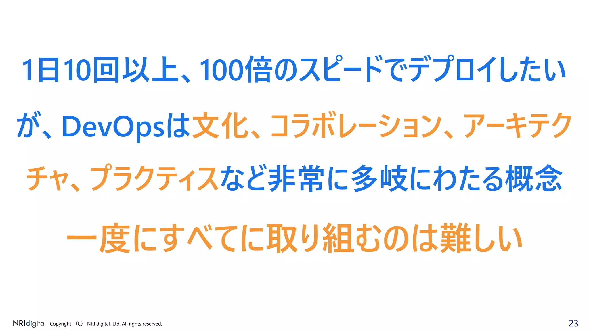 23Copyright （C） NRI digital, Ltd. All rights reserved.
1日10回以上、100倍のスピードでデプロイしたい
が、DevOpsは文化、コラボレーション、アーキテク
チャ、プラクティスなど非常に多岐にわたる概念
一度にすべてに取り組むのは難しい
 