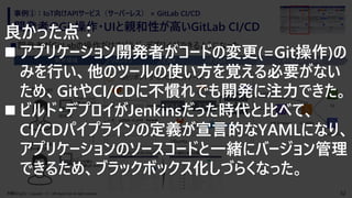 32Copyright （C） NRI digital, Ltd. All rights reserved.
開発者のGit操作・UIと親和性が高いGitLab CI/CD
事例①：IoT向けAPIサービス（サーバーレス） × GitLab CI/CD
◼開発者がGitLabの操作だけでビルド・デプロイができるようになった
開発PC
開発環境 リポジトリ ビルド デプロイ サービス実行環境
アプリケーションの
登録(git push)
アプリケーション
デベロッパー
プラットフォーム
アーキテクト
Gitリポジトリ・CI/CD実行サーバ
アプリケーション
開発PC
cdk deploy
.gitlab-ci.yml
テストビルド
デプロイ
Ubuntu
E2E
Lambda
DynamoDB
API Gateway
S3curl
CI/CD定義の
事前準備(git push)
Gitリポジトリと同じWeb画面上でCI/CDの進捗と結果を確認
良かった点：
◼ アプリケーション開発者がコードの変更(=Git操作)の
みを行い、他のツールの使い方を覚える必要がない
ため、GitやCI/CDに不慣れでも開発に注力できた。
◼ ビルド・デプロイがJenkinsだった時代と比べて、
CI/CDパイプラインの定義が宣言的なYAMLになり、
アプリケーションのソースコードと一緒にバージョン管理
できるため、ブラックボックス化しづらくなった。
 