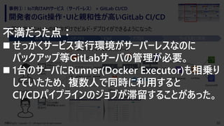 33Copyright （C） NRI digital, Ltd. All rights reserved.
開発者のGit操作・UIと親和性が高いGitLab CI/CD
事例①：IoT向けAPIサービス（サーバーレス） × GitLab CI/CD
◼開発者がGitLabの操作だけでビルド・デプロイができるようになった
開発PC
開発環境 リポジトリ ビルド デプロイ サービス実行環境
アプリケーションの
登録(git push)
アプリケーション
デベロッパー
プラットフォーム
アーキテクト
Gitリポジトリ・CI/CD実行サーバ
アプリケーション
開発PC
cdk deploy
.gitlab-ci.yml
テストビルド
デプロイ
Ubuntu
E2E
Lambda
DynamoDB
API Gateway
S3curl
CI/CD定義の
事前準備(git push)
Gitリポジトリと同じWeb画面上でCI/CDの進捗と結果を確認
不満だった点：
◼ せっかくサービス実行環境がサーバーレスなのに
バックアップ等GitLabサーバの管理が必要。
◼ 1台のサーバにRunner(Docker Executor)も相乗り
していたため、複数人で同時に利用すると
CI/CDパイプラインのジョブが滞留することがあった。
 