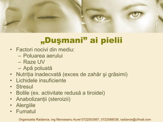 „ Du şmani ” ai pielii Factori nocivi din mediu: Poluare a aerului Raze UV Apă poluată N utriţi a  inadecvată (exces de zahăr şi grăsimi) Lichidele insuficiente Stresul Bolile (ex. activitate redusă a tiroidei) Anaboli zanţii  (steroizii) Alergiile Fumatul Organizatia Radiance, ing Moroseanu Aurel 0722503567, 0722588038, radiance@cfmail.com 