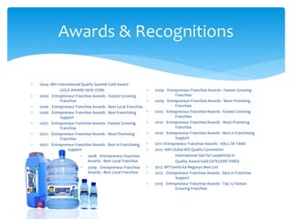 Awards & Recognitions
 2004: 18th International Quality Summit Gold Award
GOLD AWARD NEW YORK
 2006: Entrepreneur Franchise Awards - Fastest Growing
Franchise
 2006: Entrepreneur Franchise Awards - Best Local Franchise
 2006: Entrepreneur Franchise Awards - Best Franchising
Support
 2007: Entrepreneur Franchise Awards - Fastest Growing
Franchise
 2007: Entrepreneur Franchise Awards - Most Promising
Franchise
 2007: Entrepreneur Franchise Awards - Best in Franchising
Support
 2008: Entrepreneur Franchise
Awards - Best Local Franchise
 2009: Entrepreneur Franchise
Awards - Best Local Franchise
 2009: Entrepreneur Franchise Awards - Fastest Growing
Franchise
 2009: Entrepreneur Franchise Awards - Most Promising
Franchise
 2010: Entrepreneur Franchise Awards - Fastest Growing
Franchise
 2010: Entrepreneur Franchise Awards - Most Promising
Franchise
 2010: Entrepreneur Franchise Awards - Best in Franchising
Support
 2011: Entrepreneur Franchise Awards - HALL OF FAME
 2012: 16th Global BID Quality Convention
International Star for Leadership in
Quality Award Gold CATEGORY PARIS
 2012: BPI Family ka-Negosyo Best List
 2013: Entrepreneur Franchise Awards - Best in Franchise
Support
 2013: Entrepreneur Franchise Awards - Top 15 Fastest
Growing Franchise
 