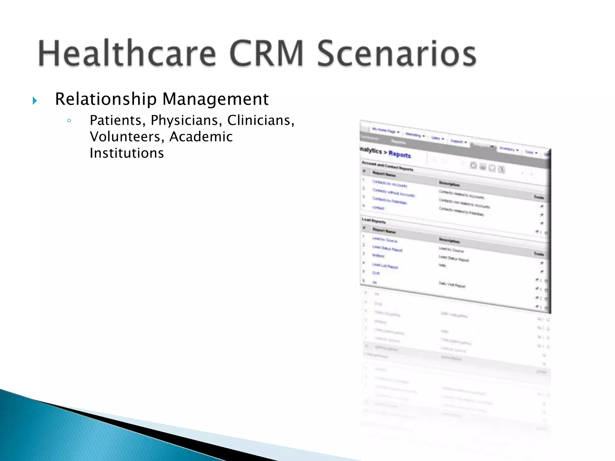 Relationship Management Patients, Physicians, Clinicians, Volunteers, Academic InstitutionsHealthcare CRM Scenarios