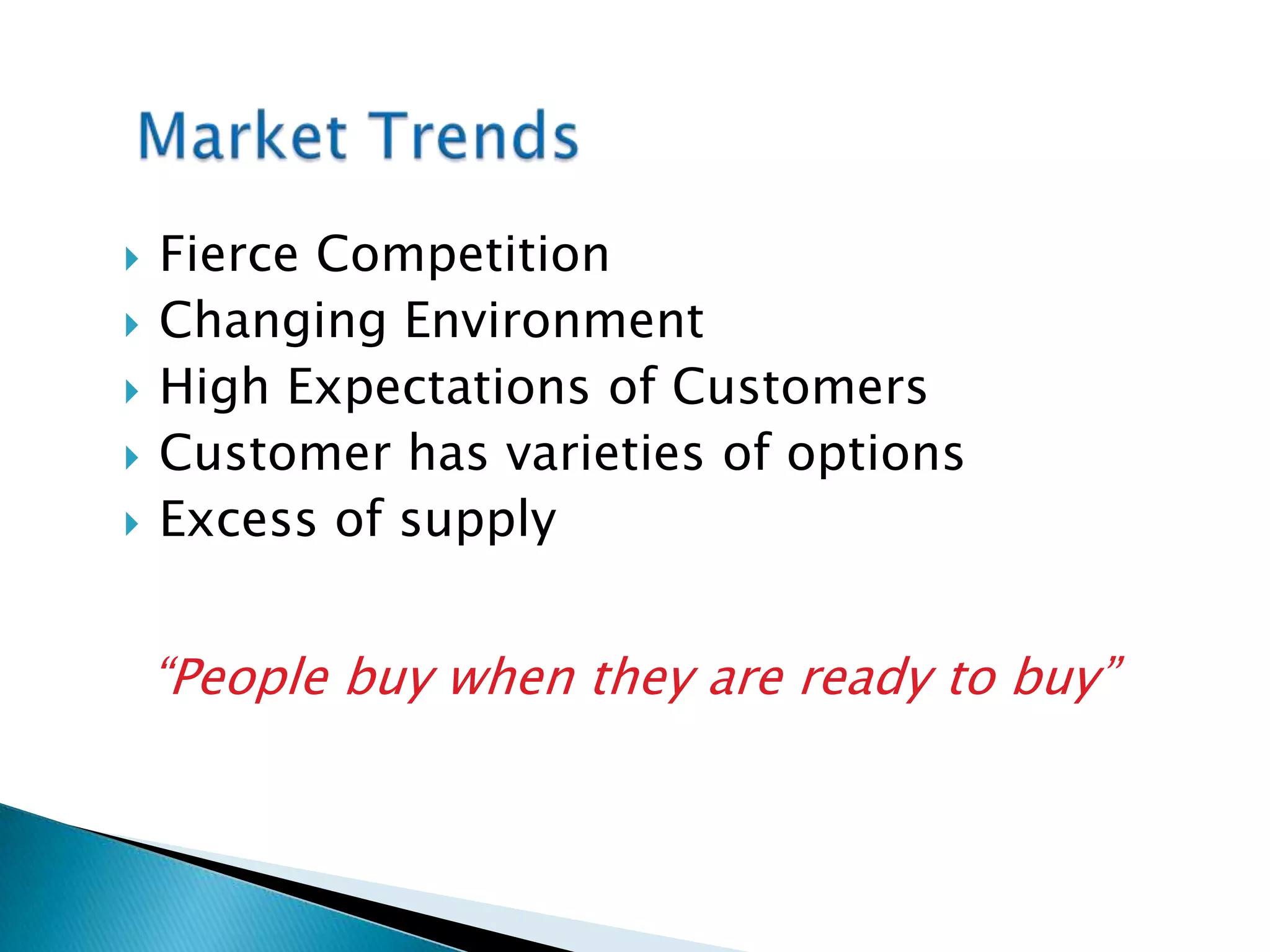 Market TrendsFierce CompetitionChanging EnvironmentHigh Expectations of CustomersCustomer has varieties of optionsExcess of supply“People buy when they are ready to buy”