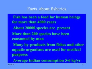 05/06/14 12
Facts about fisheries
Fish has been a food for human beings
for more than 4000 years
About 20000 species are present
More than 200 species have been
consumed by man
Many by-products from fishes and other
aquatic organisms are used for medical
purposes
Average Indian consumption 5-6 kg/yr
 