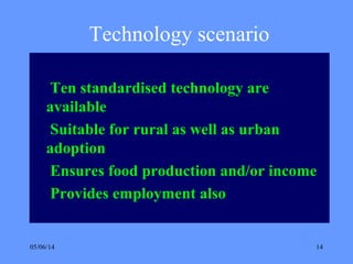 05/06/14 14
Technology scenario
Ten standardised technology are
available
Suitable for rural as well as urban
adoption
Ensures food production and/or income
Provides employment also
 