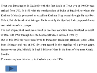 Trout was introduction in Kashmir with the first batch of Trout ova of 10,000 eggs
arrived from U.K. in 1899 with the consideration of Duke of Bedford, to whom the
Kashmir Maharaja presented an excellent Kashmir Stag award through Sir Adelbert
Talbot, British Resident at Srinagar. Unfortunately the first batch decomposed due to
non existence of air transport.
The 2nd shipment of trout ova arrived in excellent condition from Scotland in month
of Dec. 19th 1900 through Mr. J.S. Macdonall which included 1800 fry.
Out of this 1000 fry were transferred to Panzagam Dachigam (Harwan) about 24km
from Srinagar and rest of 800 fry were reared in the premises of a private carpet
factory owner (Mr. Michel) in Bagh I Dilawar Khan in the heart of city near Khank i
Moulla.
Common carp was introduced in Kashmir waters in 1956.
 